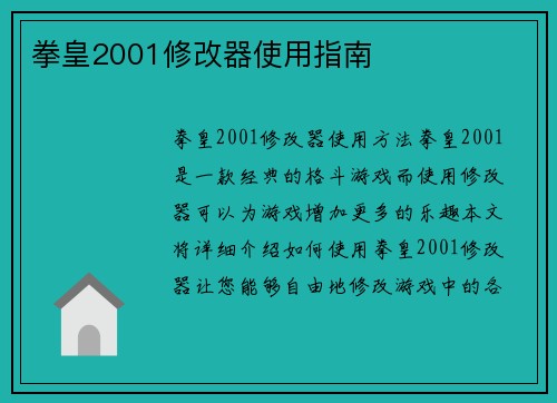 拳皇2001修改器使用指南